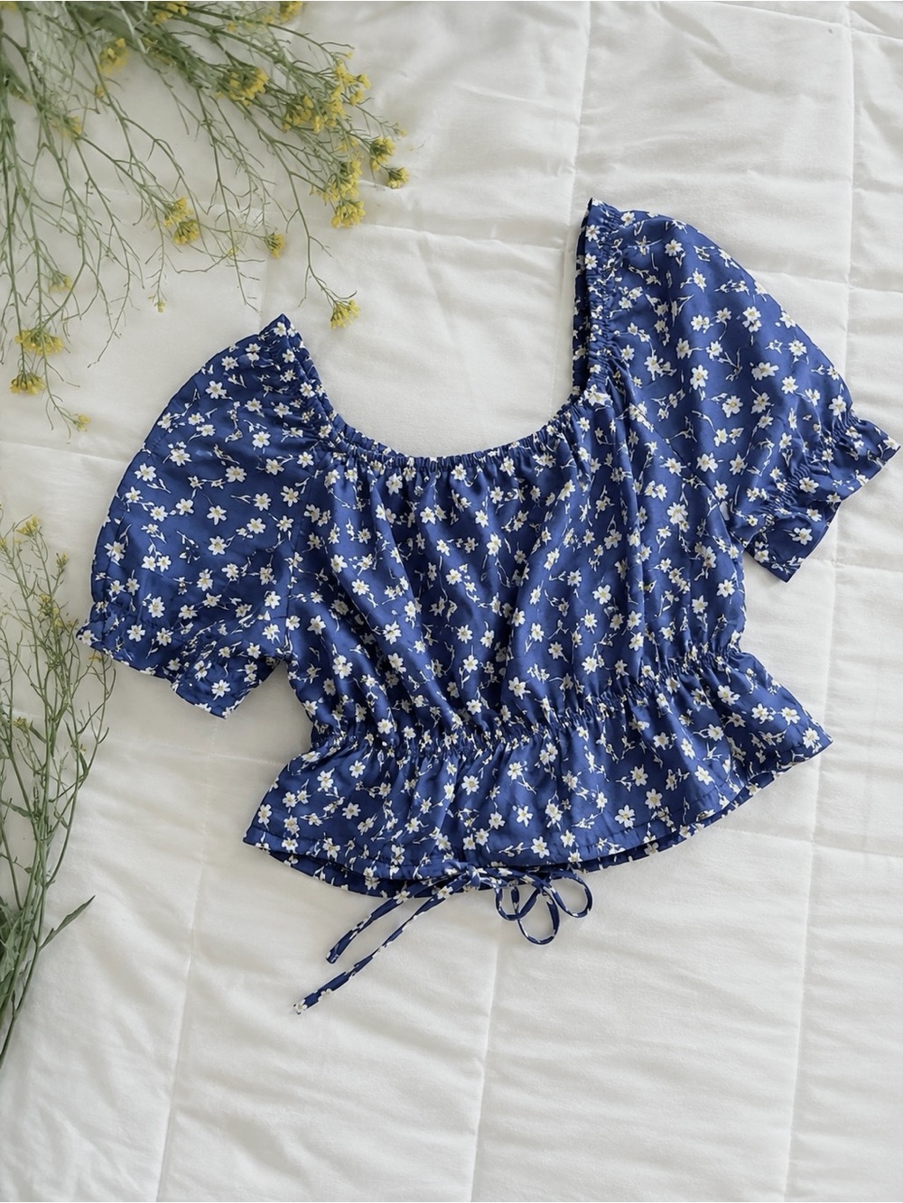 Blue Floral Puff Sleeve Peplum Top